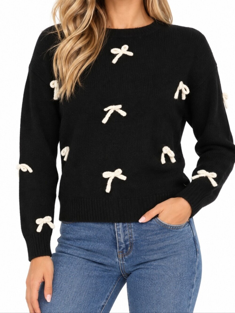 Petal and Pup Women's Voss Bow Knit Sweater Black White Coquette Womens Size S